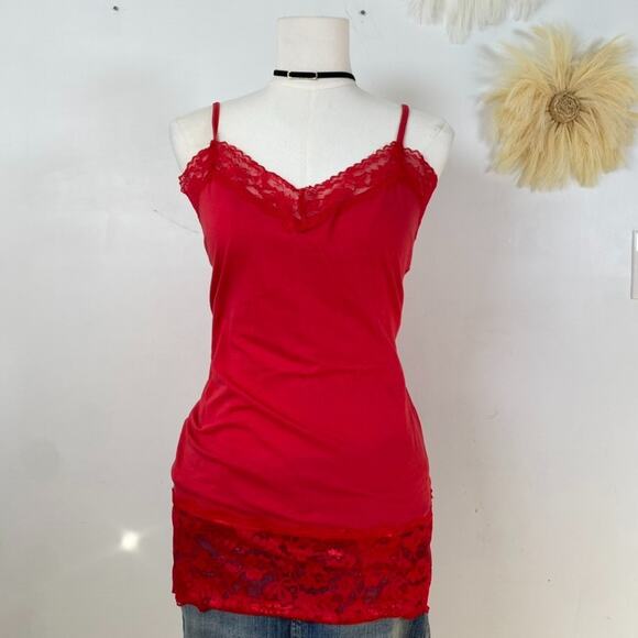 Modbe Womens Y2K Lace Trim Cami Size M Stretch Cherry Red Romantic Vampy Long - Picture 1 of 8